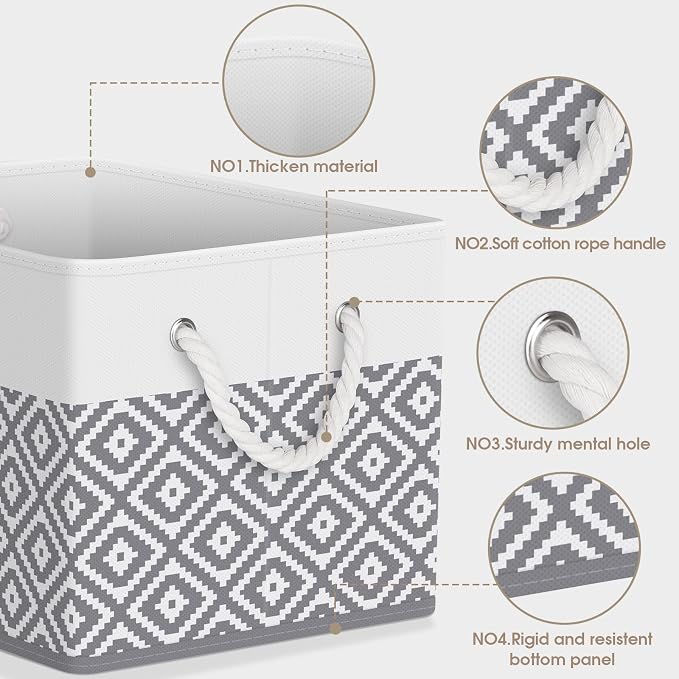StorageTastic Storage Bins, 6-Pack Large Storage Box | with Rope Handles, Collapsible Storage Basket for Organizing Books,Clothes,Rhombic Grey