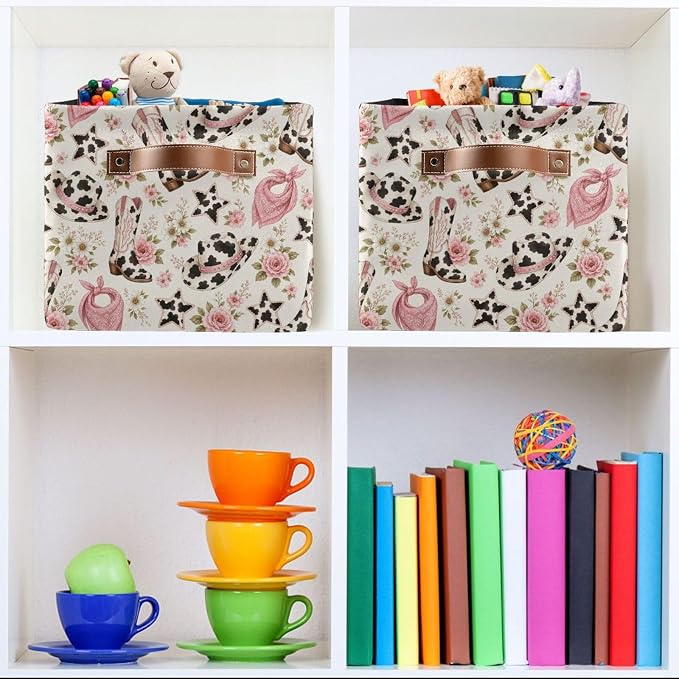 Kigai Storage Basket, Fabric Collapsible Closet Organizer Bin | Western Print Waterproof Foldable Canvas Basket with Handles for Shelves, Nursery, Closet, Bedroom & Bathroom