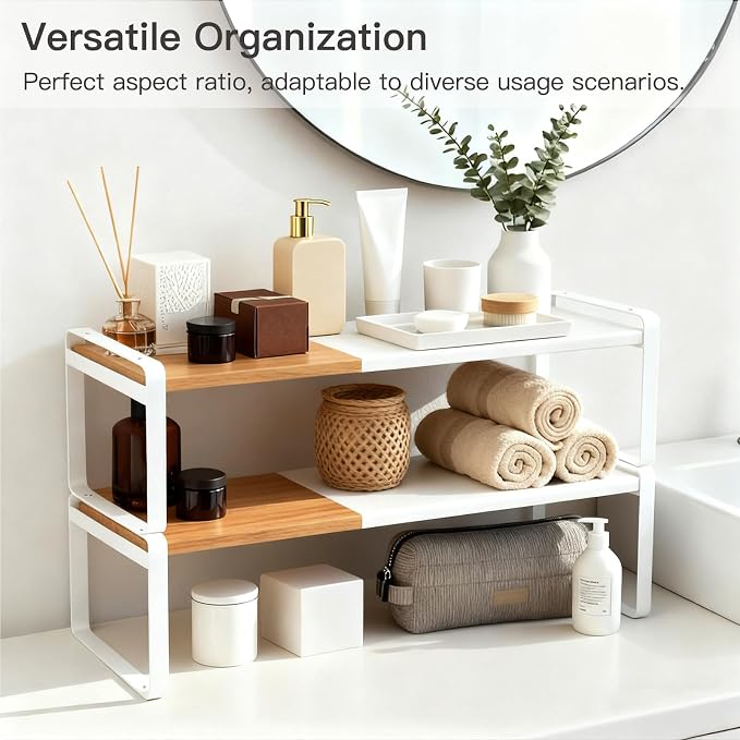 Bamboo Cabinet Organizer Shelf, Expandable Cupboard Storage White | Maximize your kitchen counter shelf space with this 13-21.5 inch expandable, stackable bamboo spice rack