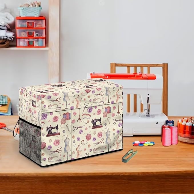 Sewing Machine Cover,Sewing Theme Design Duty Protective Dust Cover with Storage Pockets for Most Standard Singer & Brother Sewing Machines and Accessories