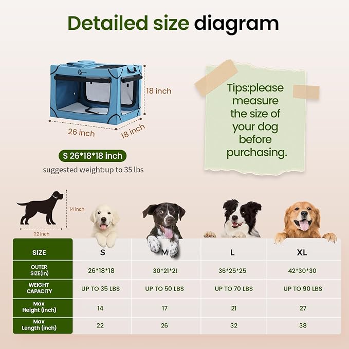 Portable Collapsible Soft Dog Crate for Small Dogs, 26in Blue | Oxford Cloth Travel Camping dog kennel with 4 Mesh Windows & 2 Storage Pockets,for Indoor & Outdoor Use