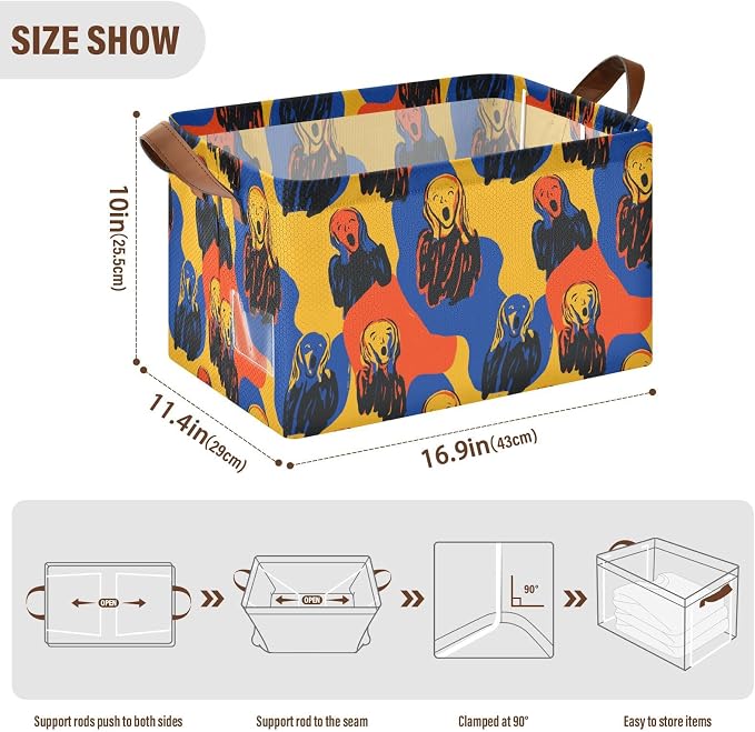 Oil Painting Art The Scream Storage Basket Foldable Cube Storage Bins with Handles&Label Waterproof Collapsible Organizer Box Bin Large Rectangle Decorative Baskets for Shelves Home Room Laundry