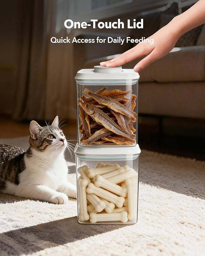 Dog-Cat Food Storage Containers 2 Pack, 4.2 Qt Each, Airtight | Two clear 4 L/4.2 Qt canisters with one-push airtight lids; includes two 130 ml scoops; BPA-free and stackable.