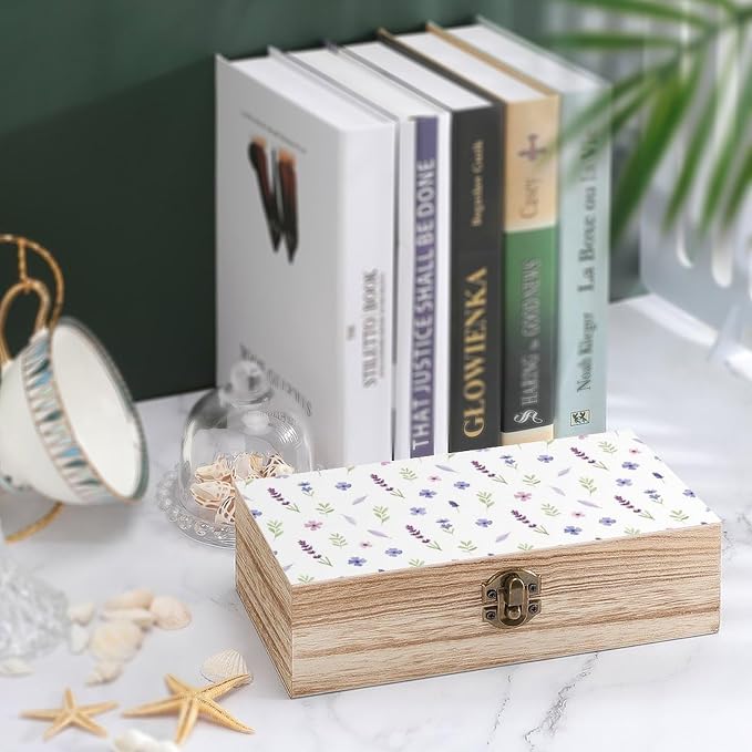 Wooden Keepsake Box with Lid Memory Storage Case, Purple Lavender Floral | Flower Botanical Jewelry Organizer Boxes, Gift Storage Case for Photo Letters Party Favor Supplies