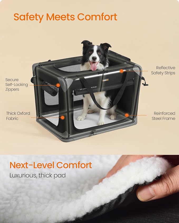 Feandrea Collapsible Dog Crate, Portable Oxford Fabric Pet Travel Crate with 4 Mesh Doors, Handles, Pocket, 30 Inches, for Medium Dogs, Ink Black and Dove Gray UPDC027BH01