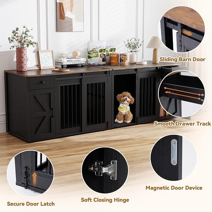 Verano Garden 88" Dog Crate Furniture, Dog Kennel Cage, Black (88") | 2-in-1, Lockable, Decorative, Sliding Door, Removable Divider, Adjustable Shelf, Farmhouse, Heavy Duty, Small Medium Dogs