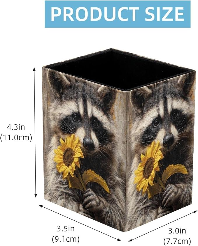 Sunflower and Raccoon Pen Holder for Desk Decor, Rectangular PVC Leather Pencil Cup for Desk Pen Organizer, Makeup Brush Holder for School, Home, Office