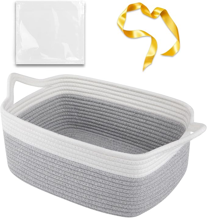OIAHOMY Woven Basket, Gift Basket Empty with Gift Bags and Ribbons, Rope Baskets for Baby Showers, Storage Baskets with Handles for Nursery, Pet Toy Organizer - Grey & White