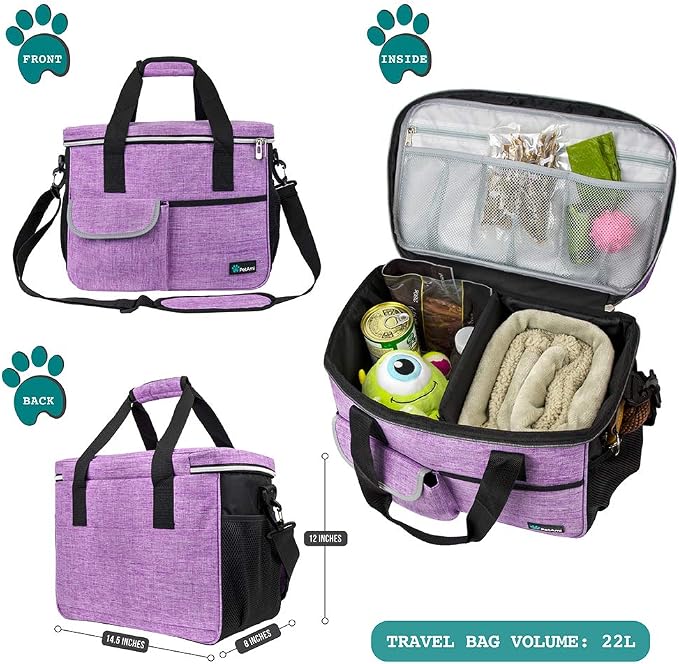 PetAmi Dog Travel Bag Organizer, Pet Supplies Diaper Tote, Purple Medium | Pet Travel Kit with 2 Food Containers & 2 Collapsible Dog Bowls, Luggage Sleeve, Weekend Getaway Road Trip Camping Essentials
