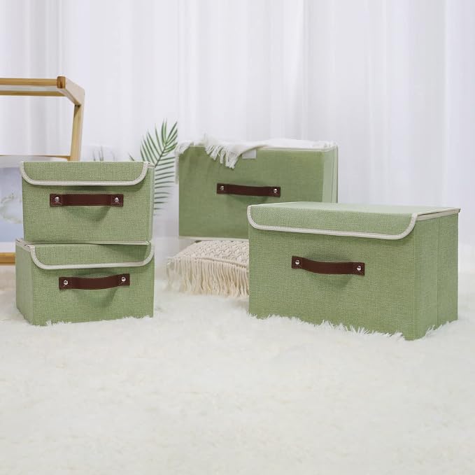 ANMINY Fabric Storage Box Bins with Lids, Green, 13"x9"x7.9" | Keepsake Memory Storage, Cotton Linen, PP Board Reinforced, Washable, PU Handles, Foldable & Stackable, Decorative, Medium