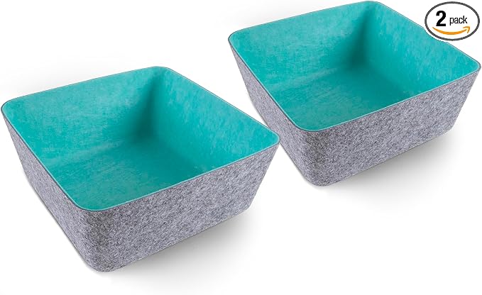 Three by Three Seattle Tapered Felt Storage Bins 2-Pack 9x9 (Charcoal/Blue) | Recycled felt tapered bins; soft non-scratch; 5"x5" fits most drawers; organize desk, office, bathroom, bedroom & entryway