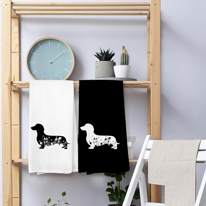 Black and White Dachshund Kitchen Towels, Weiner Dog Hand Towels Decorative Set of 2, Dachshund Home Decor Gifts for Women