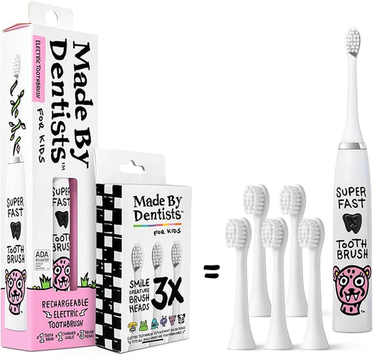 Made by Dentists Kids Electric Toothbrush - Rechargeable Vibrating Toothbrush with Timer, Includes 6 Replacement Heads, Gently Cleans Teeth, Kid & Toddlers Age 2+, Cheetah