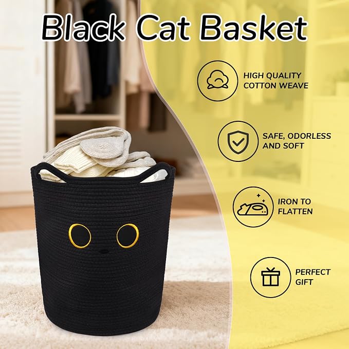 Tall Black Cat Laundry Basket for Nursery, Cute Large Woven Cotton Rope | Blanket Storage Basket , Baby 0rganize Blanket Shower Hamper Box with Handles, 53L Clothes Bins, 15"D×18.1"H