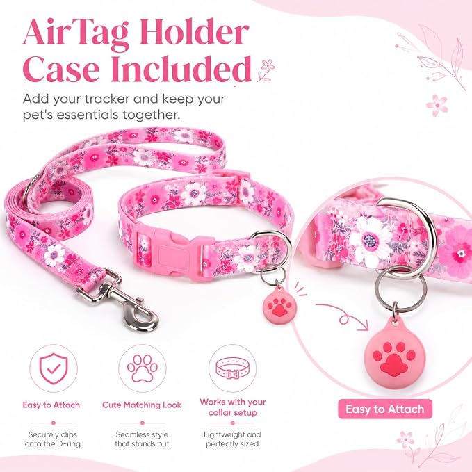 Floral Matching Dog Collar and Leash Set with AirTag Holder-Pink Daisy/L | Anti-Lost,Adjustable Durable Pet Collar Leash Combo for Large Boy Girl Dogs,for Outdoor Walking Hiking Training Running