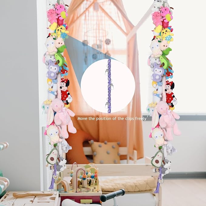 2PCS Stuffed Animals Storage Chain Organizers 80" Cotton Hanging Storage Chain with 2x 10 Led Light 40 Metal Clips Stuffed Animal Display Holder Chain for Nursery Play Room (Purple)
