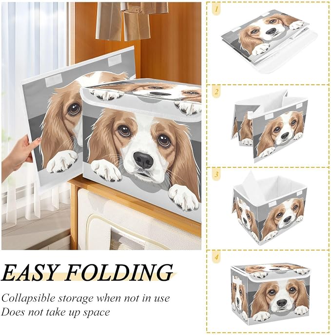 Pet Animal Drawing Fabric Storage Bins with Lid Closet Storage Basket | Foldable & Stackable, Flip Top Dust Guard, Reinforced Handles, Home & Bedroom, Clothes & Toys, Oxford Print Basket