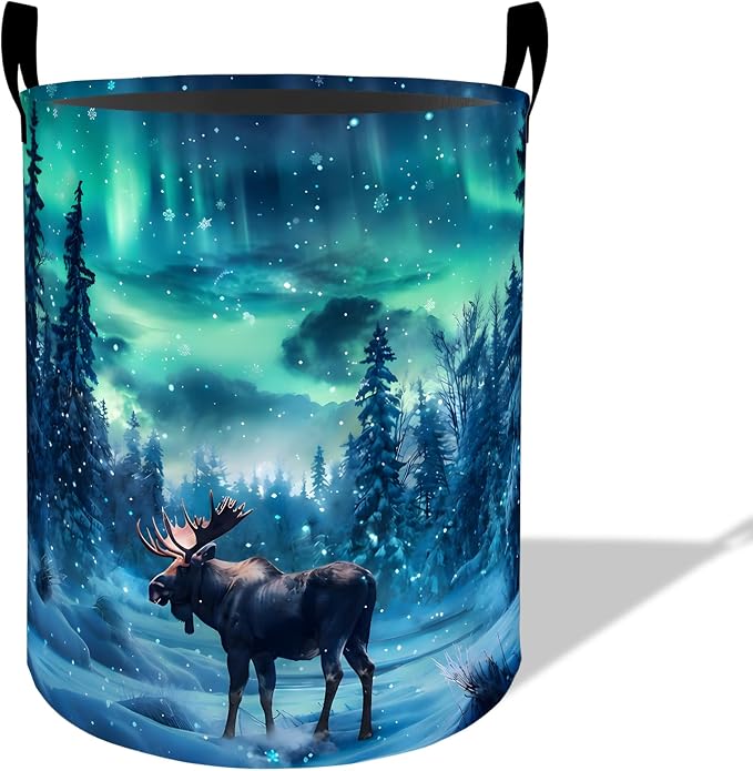 Northern Lights Moose Laundry Basket Hamper 19.7"x15.8", Organizer Bins Gifts for Kids Boys Girls, Snow Forest Animal Foldable Waterproof Oxford Clothes Storage Bucket for Bedroom Bathroom Decor