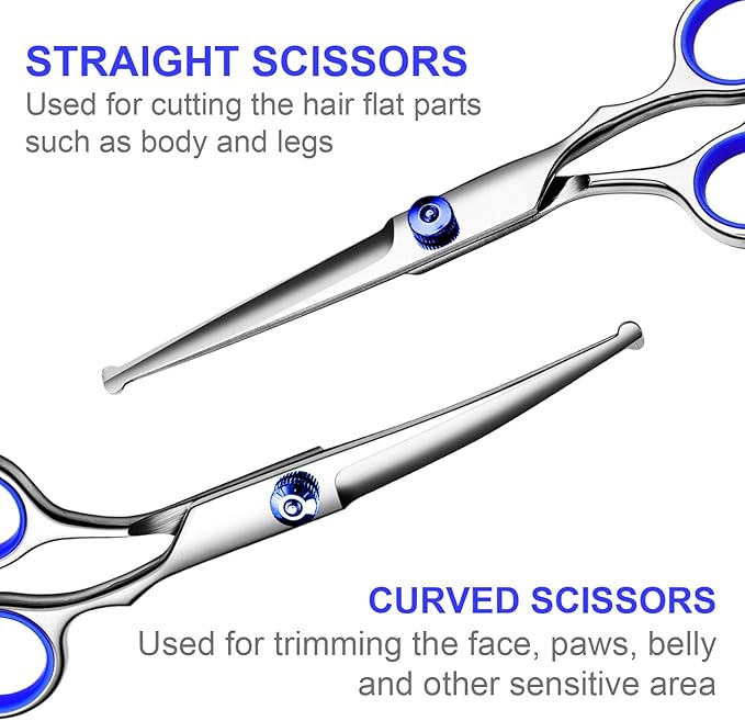 TINMARDA Professional Dog Grooming Scissors Kit, Titanium Coated 5 in 1 Stainless Steel Grooming Shears Kit with Straight, Curved and Thinning Scissors for Dogs, Cats and Pets at Home