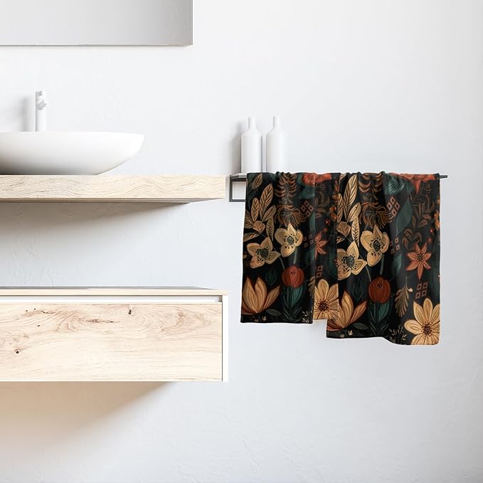Giwawa Boho Floral Hand Towels Set of 2 Black Mid Century Fingertip Towel Absorbent Face Towel Soft Dish Towels for Gym Bath Kitchen Home Decor