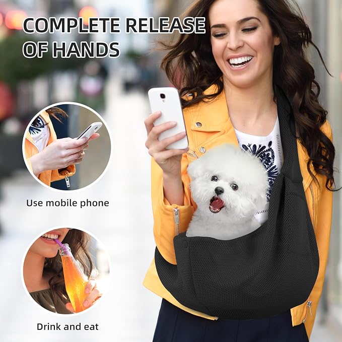 Dog and Cats Carrier Sling, Breathable Puppy Small Pet Carrier with Pocke | Reversible Dog Sling Carrier, Safety Buckle, Storage Pocket, Machine Washable for Travel, Outdoor Activities, Hand-Free,Black
