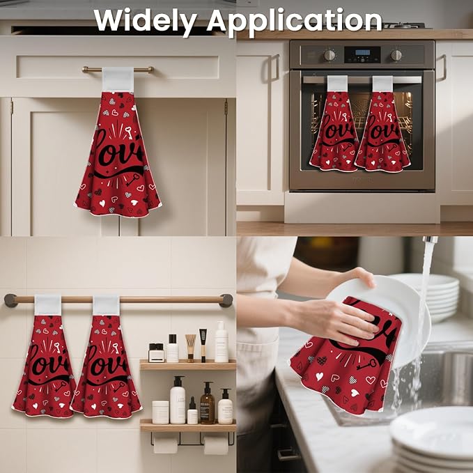 CUTHOLLOW Love Design Hanging Kitchen Towels with Loop, Set of 2 - Soft & Super Absorbent Microfiber Decorative Dish & Hand Towel, Tea, Coffee Towel for Kitchen Bathroom Oven Handle