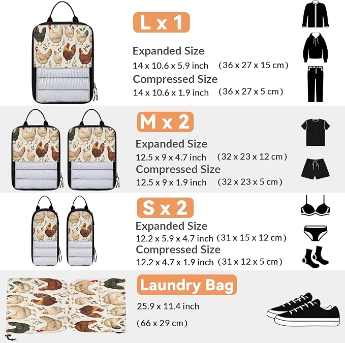 Chicken 6 Set Compression Packing Cubes Hen And Chicken Expandable Packing Organizer for Travel Accessories Luggage Suitcase Bag