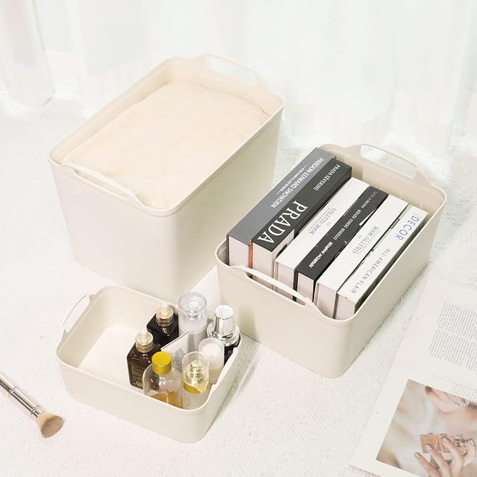 ANMINY White Plastic Storage Bins Baskets with Lids, 12-Pack, 2XL+4L+2M+4S | Large Plastic Bins, Sturdy PET, with Handles, Stackable, Opaque Storage Boxes, for Closet Shelves Desk, Wheat Lids
