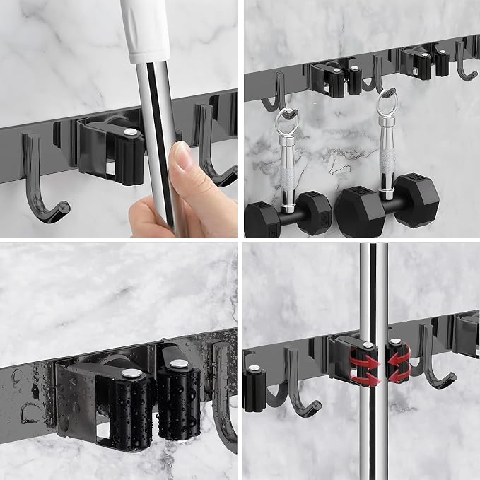2 Packs SUS304 Heavy Duty Mop and Broom Holder Wall Mount | 5 Racks and 4 Hooks Broom Organizer Storage Tool Racks, Self Adhesive Solid Non-slip for Home Kitchen Garden Laundry Garage