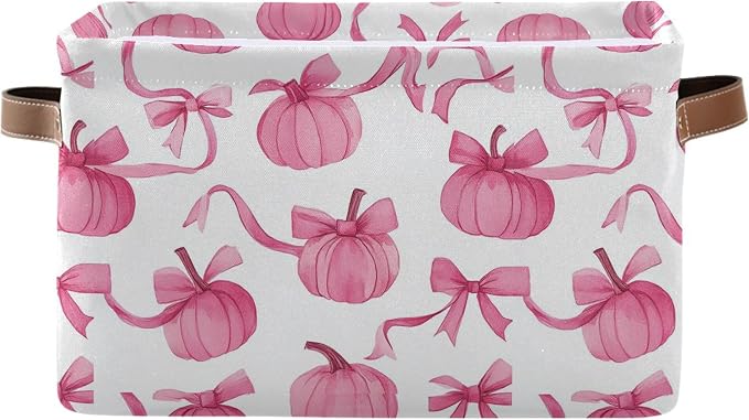Wamika Pumpkin Bow Pink Storage Basket with Waterproof Liner and PU Handles Fall Storage Bins Boxes 14.2" Collapsible Decorative Organizer Baskets for Bedroom Closet Office 1 Pack