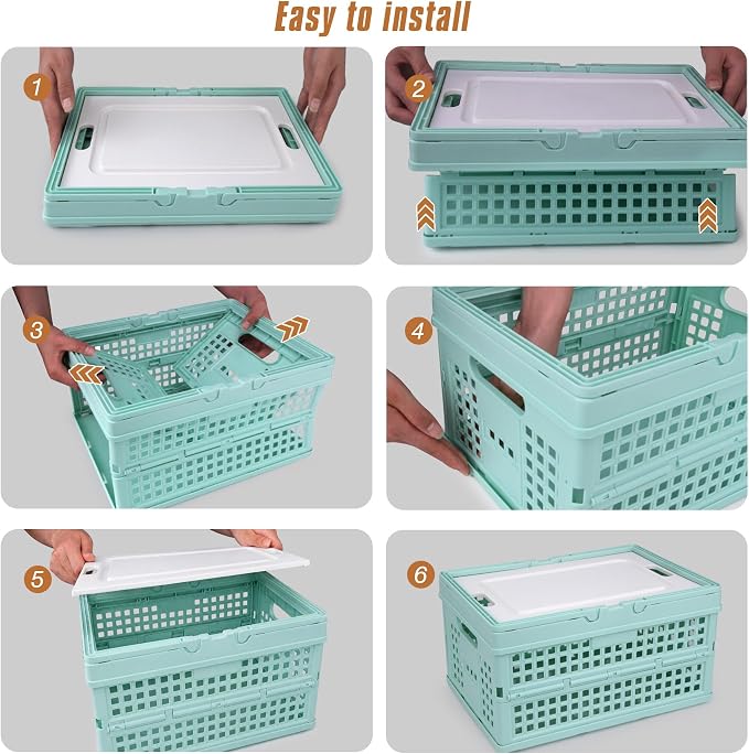 Collapsible Storage Crate, Foldable Plastic Basket with Lid and Handle, Foldable Storage Box Crate Bin for Home Kitchen Office Bathroom Bedroom Pantry (Purple-Hollow)