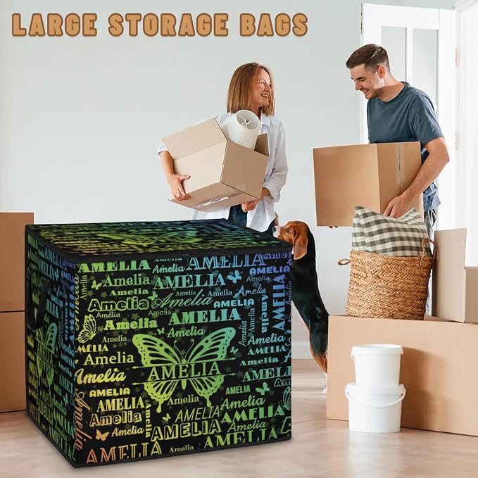 Custom Name Large Clothes Storage Organization with Lids, Bedding Clothes Towel Storage Bin Shelf Basket for Nursery, Gift Basket, Pet Basket, Gradient Yellow Blue Names with Butterflies Black