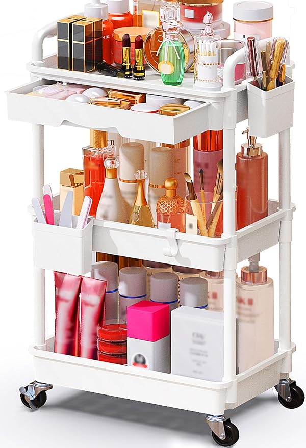 SUNALLY Makeup Cart Organizer with Drawer,3 Tier Rolling Makeup Cart, White | Rolling Vanity Storage for Skin Care Perfume Nail Polish, Floor Skincare Organizers Cosmetics Display Bathroom Storage Cart