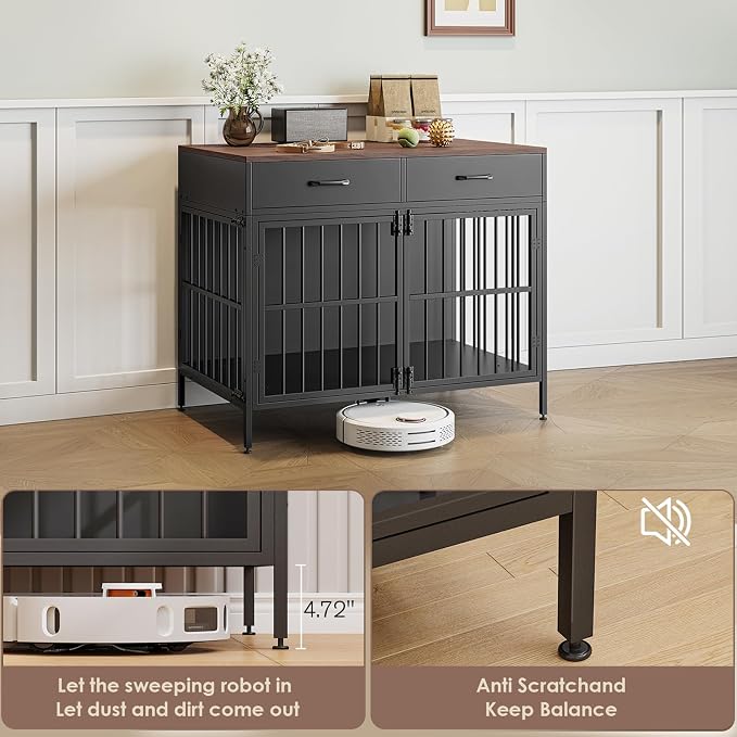 XL Dog Crate Furniture, 39.4" Heavy-Duty Dog Kennel with 2 Storage Drawers | Chew Proof & Escape Proof Dog Cage,Double Door with Secure Latch, Furniture-style Wooden End Table, Adjustable Non-slip Feet