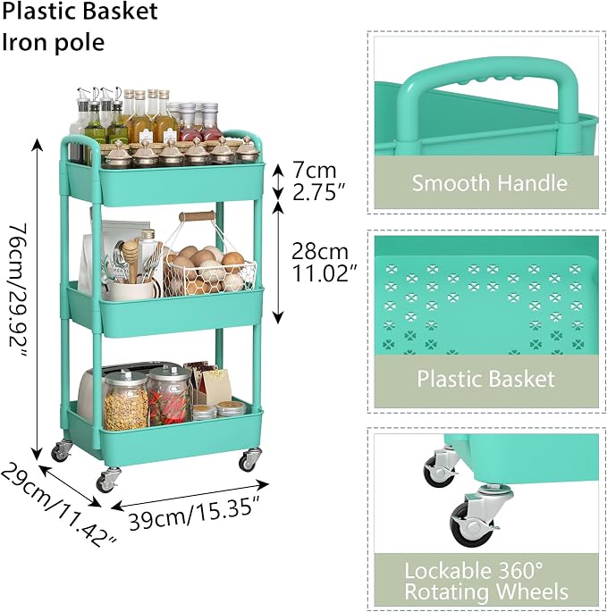 Sywhitta 3-Tier Plastic Rolling Utility Cart with Wheels for Storage, Green | Multi-Functional Storage Trolley, for Office, Living Room, Kitchen, Bathroom,Movable Organizer,Space-Saving,Easy to assemble