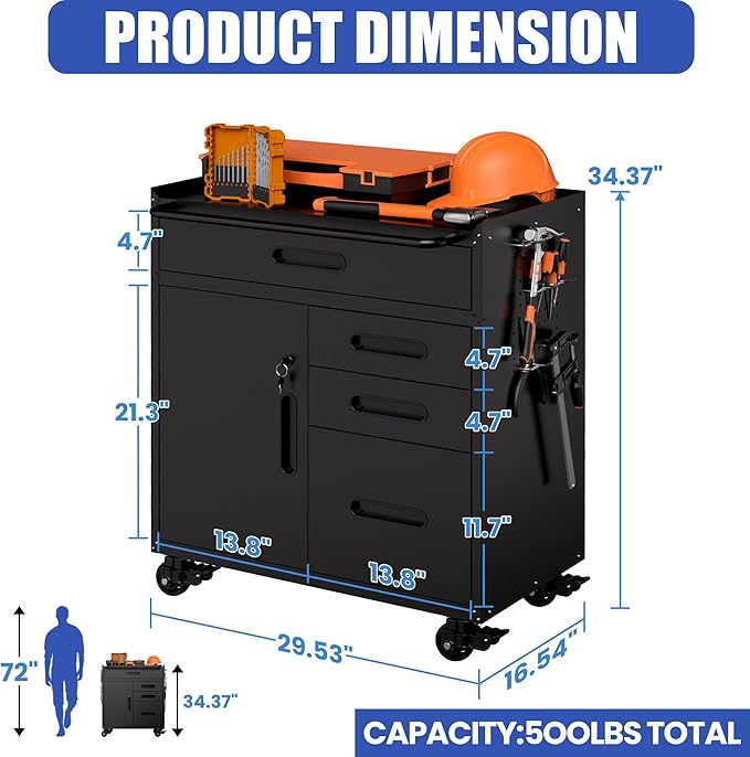Metal Mobile Tool Storage Cabinet with 4 Drawer and 1 Locking Door | Black Heavy Duty Rolling Tool Cabinets for Garage,Metal Storage Cabinets with Wheels and Pegboard,Assembly Required