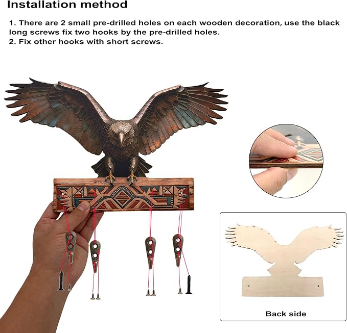 Goodangie00 Wooden Wall Art Decor with 4 Rustic Hooks, Eagle Treasure Chest Design Key Holder Wall Mount Hanger for Bag, Towel, Backpack, Clothes, Collars, Leashes, Bathroom, Kitchen