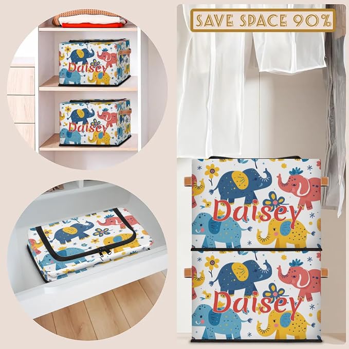 Custom Cute Elephant Storage-Bin With Zipper Lid for Kids-Girls-Boys-Baby-Pet,Personalized Name Foldable Storage Box with Handle,Baby Basket With Label for Bedroom Nursery Toy Clothes,Multi