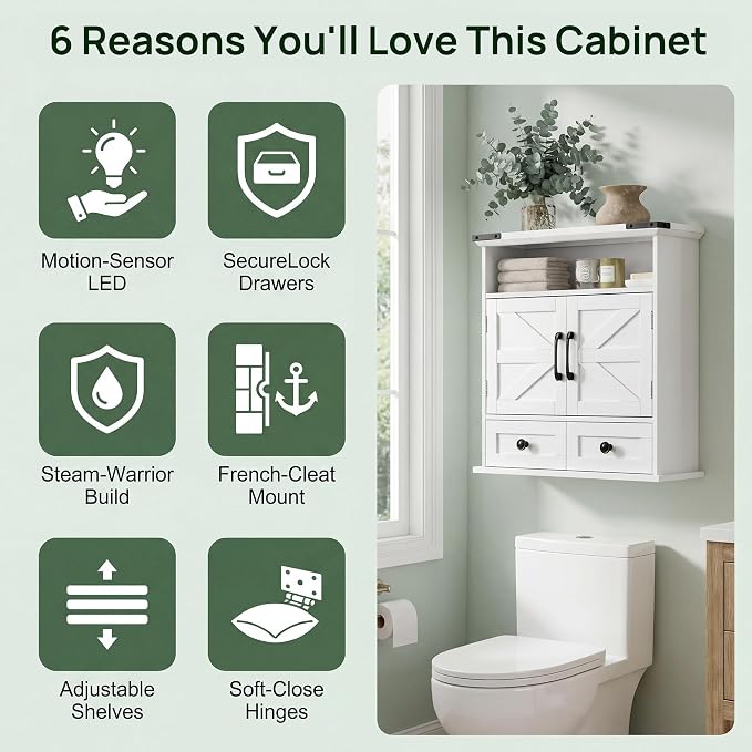 Bathroom Wall Cabinet with Motion LED Light, 23 x 25 Inch, White | Farmhouse over-toilet medicine cabinet with safety drawers, 9-inch depth, and a water-resistant white finish.