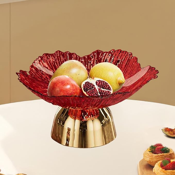 Decorative Pedestal Bowl Dish Holder Dessert Display Stand Decor Fruit Basket Serving Tray for Drawing Room Housewarming Gift, A Red