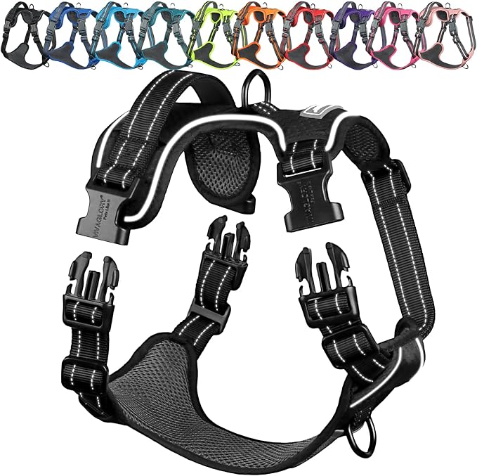 VIVAGLORY No Pull Dog Harness Vest Harness, L, Black - Patterned | with Handle Front and Back Clip for Training & Pulling, No Pull & Escape Proof Padded Adjustable for Pet Puppy