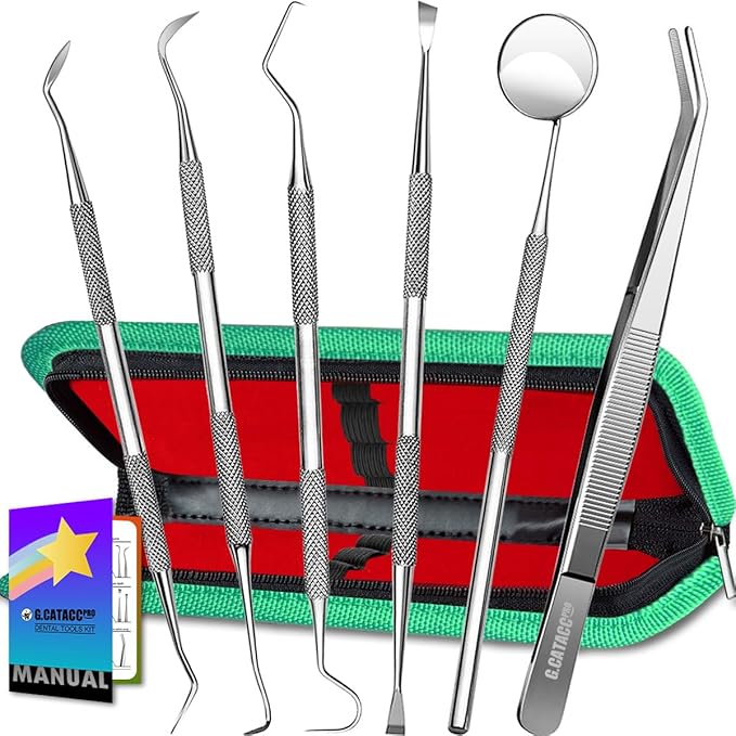 G.CATACC Dental Tools, Dental Pick Teeth Cleaning Tools Hygiene Kit, Plaque Remover for Teeth, Professional Stainless Steel Tooth Scraper Plaque Tartar Cleaner - with Case
