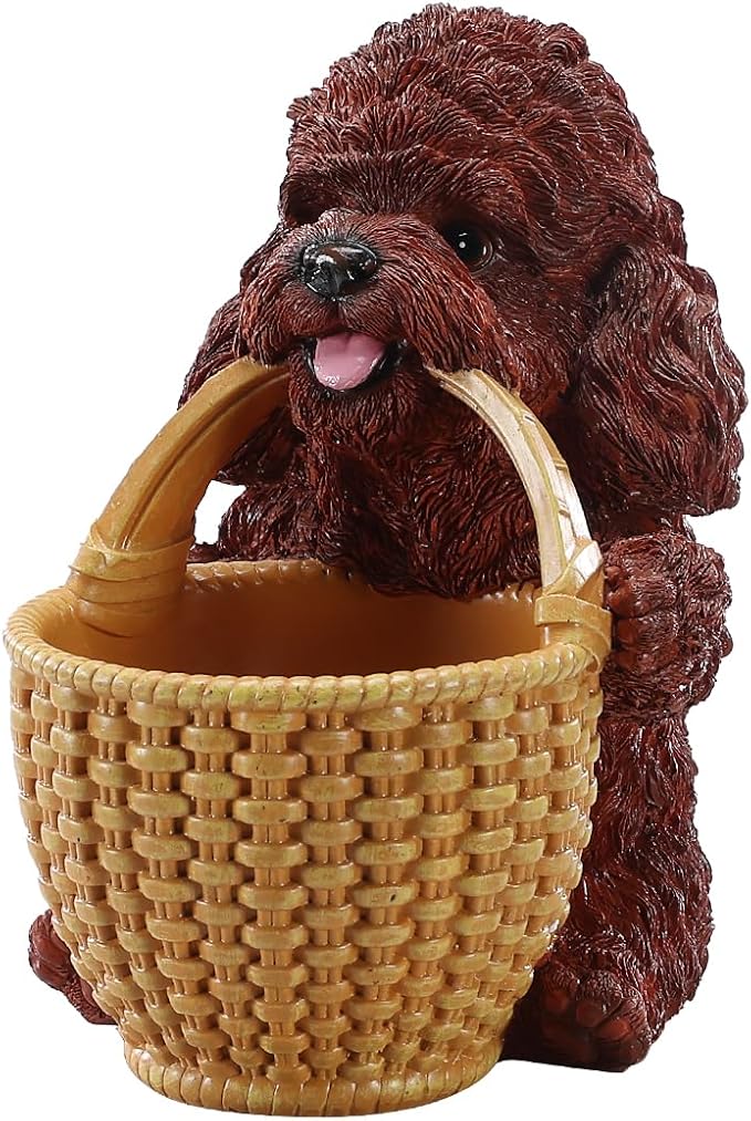 Chocolate Brown Teddy Poodle Candy Bowl, Resin Dog Figurine Key Bowl for Entryway Table, Desktop Storage Basket Organizer for Desk, Unique Dog Lover Gift