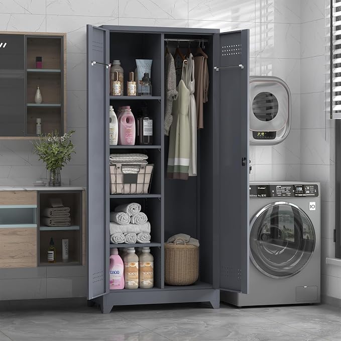 72.8" H Metal Garage Storage Cabinets, Metal Storage Cabinet with Hanging Rod & S-Hooks, Broom Closet Storage with Shelves, Functional Storage Cabinets for Garage, Warehouse, Grey