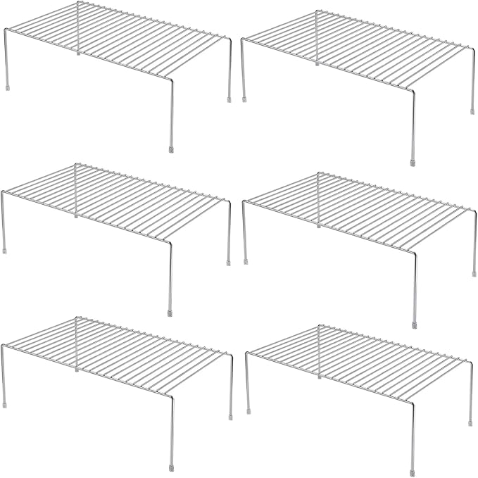 Kitchen Cabinet Shelf Organizer Set of 6, Medium (13 x 9.4 inch) Metal Wire Pantry Storage Shelves, Dish Plate Racks for Cabinets, Freezer, Counter, Cupboard Organizers and Storage, Chrome