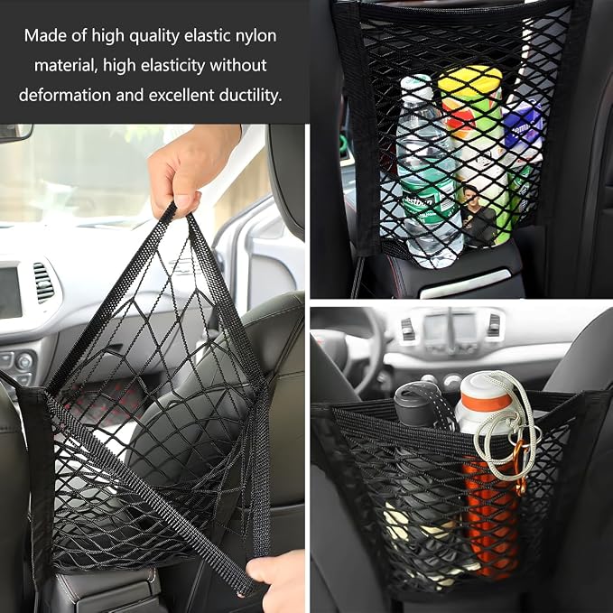 2-Layer Car Mesh Organizer, Seat Back Net Bag Stretchable Barrier of Backseat Pet Kids, Four-Side Elastic Storage Netting Pouch Cargo Tissue Purse Holder Between Front Seats
