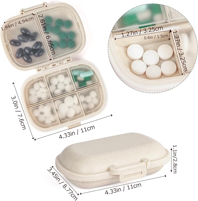 1Pack Travel Pill Organizer & 56 Medicine Name Stickers, Beige | [8 Compartments Portable Pill Case] [Small Pill Box for Pocket Purse Portable Medicine Vitamin Container]