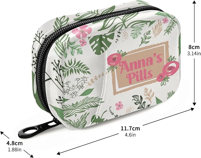 Custom Pill Box 7 Day Pill Case Bag Leaves Flowers Personalized Name Travel Pill Organizer Bag with Zipper Portable Weekly Case Compact Size for Vitamin Supplement Holder