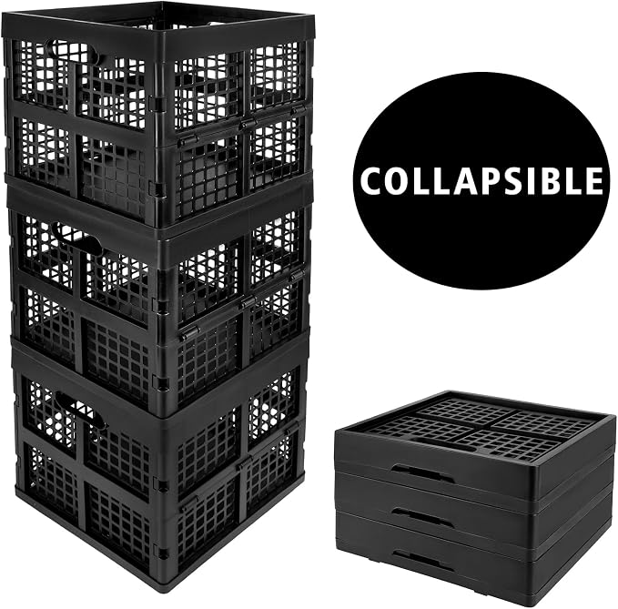 Eslite 3-Pack Collapsible Plastic Storage Crates,Foldable Crates for Storage,16L (Black)