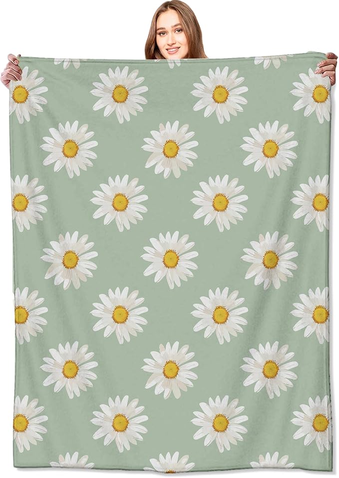 Daisy Blanket Butterfly White Floral Pattern on Mint Green Throw Blankets Gifts for Girls Women Lightweight Soft Fleece Cozy for Sofa Couch Bed Room Birthday Boho Spring Decor 50x60in
